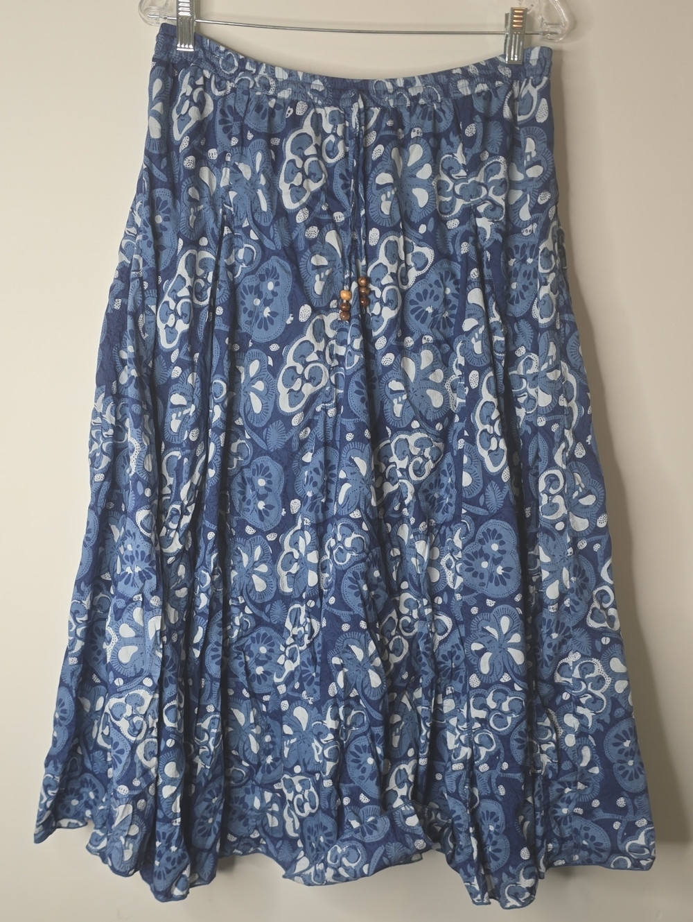 Vintage 100% Cotton Boho Beaded Blue Floral Print Maxi Women's Skirt